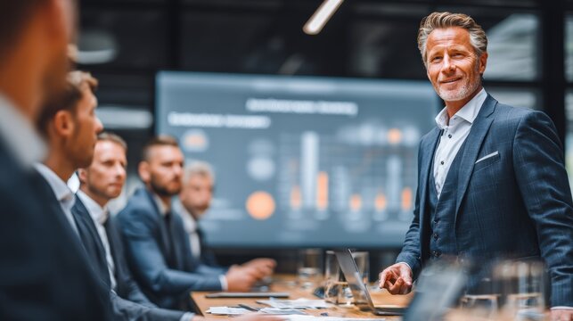 Confident Mature Businessman Leading Presentation with Team in Modern Office Setting, Showing Growth Charts