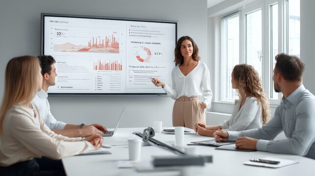 Confident businesswoman presenting financial data to colleagues during meeting in modern office
