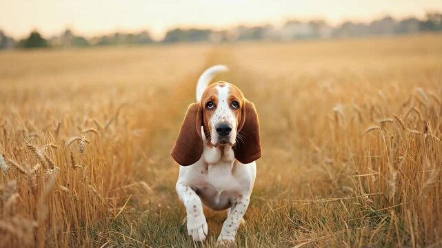 Basset hound with its long ears flopping as it runs, dynamic outdoor shot, natural lighting, soft-focus background enhancing movement
