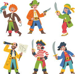Cartoon pirate crew vector set, fun children in pirate outfits with swords, parrots, maps, telescope, colorful illustration on white.