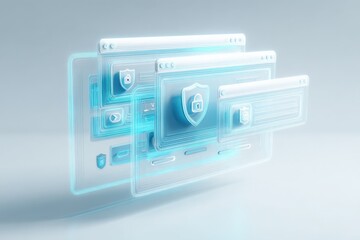 Abstract Digital Security Interface: Safeguarding Data with Holographic Screens and Encryption Technology for Modern Business