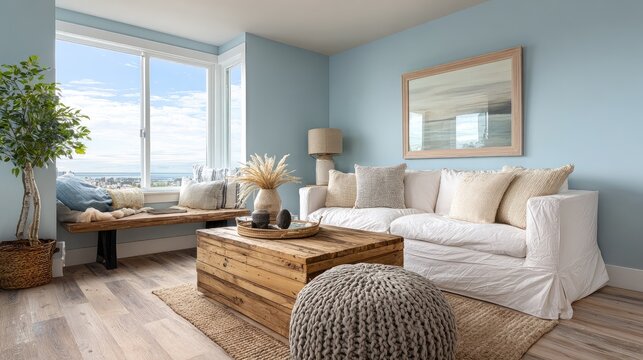 Cozy living room with large windows, a sofa made of wood and white cushions, a knitted rug on the floor, a sea view outside the window, a picture frame hanging above the couch, neutral blue walls, coa