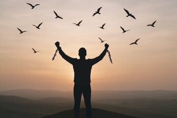Man Breaks Free From Chains Reaching Upwards as Birds Fly into the Sunrise, Symbolizing Freedom