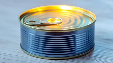 A cylindrical metal can with a gold-colored lid, illuminated by a warm light source, sits on a light wooden surface.