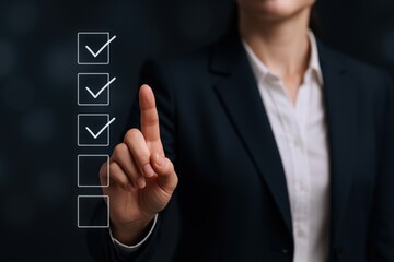 Businesswoman interacts with digital checklist, completing tasks, demonstrating project management and organizational skills in corporate setting