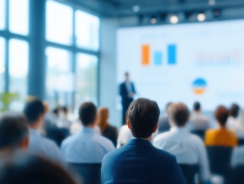 Business Conference Presentation: Audience Attending Seminar with Speaker Presenting Data on Screen in Modern Auditorium