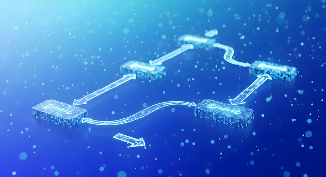 Glowing blue digital flowchart showing an interconnected network process with luminous nodes and a directional arrow.