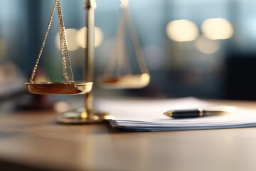 Justice Scales on Wooden Desk with Documents and Pen in Office Setting, Symbolizing Legal Profession