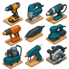 Fototapeta premium Isometric jigsaw vector grinder circular rotary power icon cordless angle saw compressor