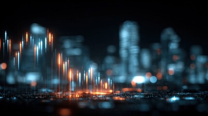 Abstract Financial Data Graph Overlaying Cityscape at Night Representing Stock Market Trading and Economic Trends