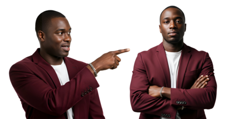 A confident African American man in a stylish maroon blazer is shown pointing to the left in one shot and crossing his arms, isolated on transparent cutout background, cut out, png