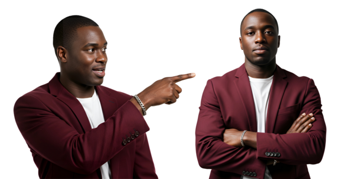 A confident African American man in a stylish maroon blazer is shown pointing to the left in one shot and crossing his arms, isolated on transparent cutout background, cut out, png