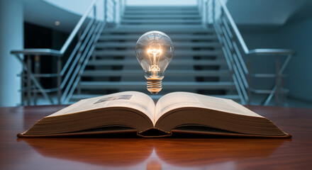 Illuminated lightbulb above open book on wooden table, blurred staircase background, symbolizing knowledge, inspiration, and new ideas, perfect for education or business concepts