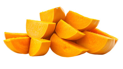 Pile of Freshly Cut Orange Pumpkin Pieces Isolated on Transparent Backdrop for Cooking and Nutrition