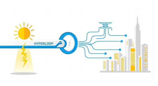 Illustration of Renewable Energy Hyperloop Technology Connecting Solar Power to City Infrastructure