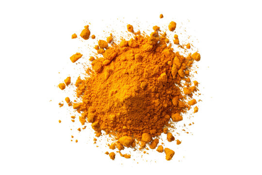 Pile of bright yellow curry powder isolated on transparent background