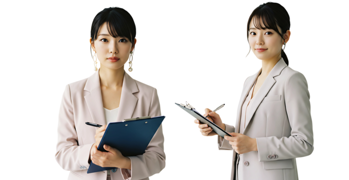 Two businesswomen in suits holding clipboards, isolated on transparent cutout background, cut out, png