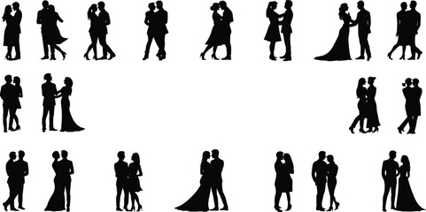 Romantic couple silhouettes, lovers hugging vector, wedding dance illustration, romantic embrace design, dating couple clipart, love relationship art, flat vector illustration