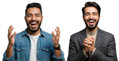 Two cheerful men are laughing with their eyes closed and their mouths wide open, isolated on transparent cutout background, cut out, png