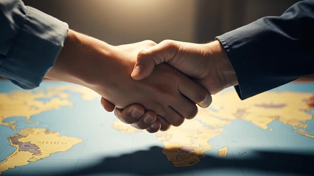 The video captures a decisive handshake between two individuals over a detailed world map, symbolizing a pivotal moment of global agreement or international cooperation.