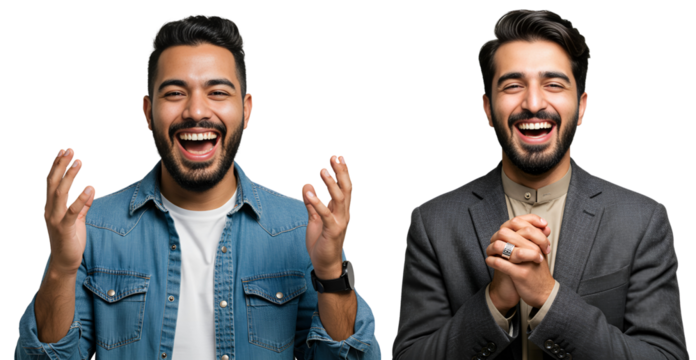 Two cheerful men are laughing with their eyes closed and their mouths wide open, isolated on transparent cutout background, cut out, png