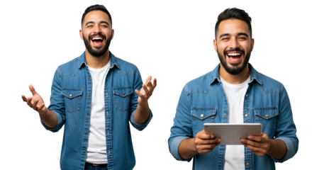 Joyful Young Man with Beard in Denim Shirt Laughing Heartily While Holding a Tablet, isolated on transparent cutout background, cut out, png