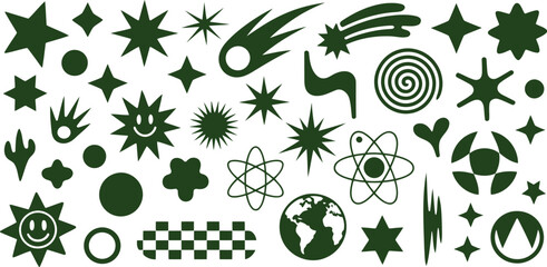 Retro Psychedelic Vector Symbols Set: Abstract Cosmic Design Elements with Stars, Sun, and Planet Earth Icons 