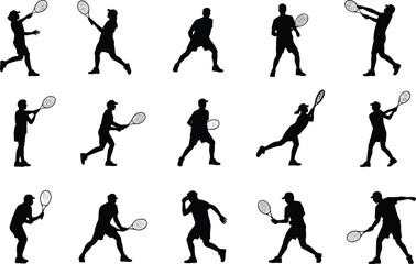 Silhouette tennis players, athletes practicing serve and volley, competitive racket sport poses, fitness training action, vector illustration design, dynamic sports movement