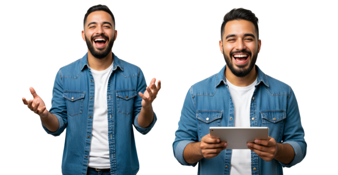 Joyful Young Man with Beard in Denim Shirt Laughing Heartily While Holding a Tablet, isolated on transparent cutout background, cut out, png
