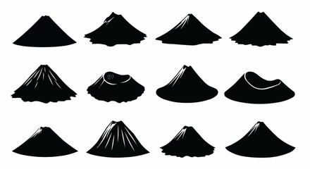 Volcano Silhouette Set on White Background &ndash; Erupting, Dormant, Active Volcanoes, Lava Flows, Craters, Ash Clouds, and Mountain Eruption Vector Silhouettes Isolated