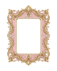 A rococo style thin frame, pink and gold, isolated white background,