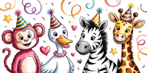 Happy Birthday Party Animals: Monkey, Duck, Zebra, and Giraffe Celebrating with Confetti and Party Hats © sehrish