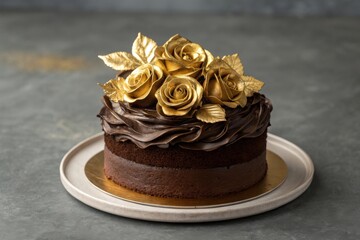 Decadent chocolate cake decorated with golden roses