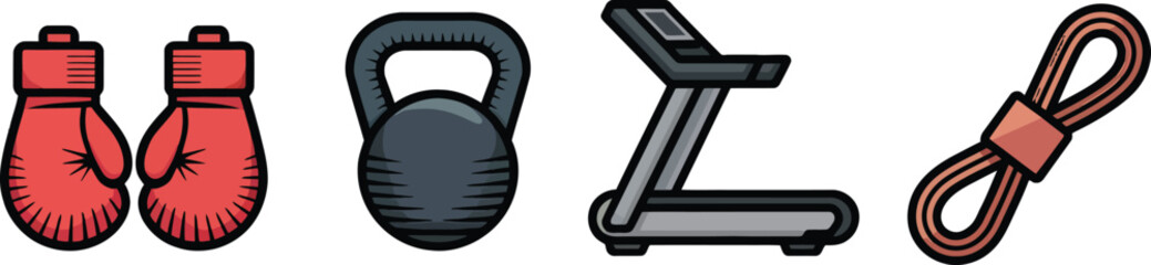  Collection of Workout and Fitness Icons: Boxing Gloves, Kettlebell, Treadmill, and Resistance Band