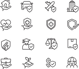Thin line icon set for insurance protection coverage safety security policy risk assurance benefits shield home car health life travel property insurance. Pixel perfect icons editable stroke