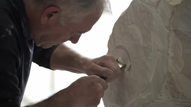 Male sculptor meticulously carving a large stone sculpture with a chisel in his workshop.