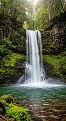 Fototapeta premium Sparkling Waterfall Cascading Through Moss Covered Forest Cinematic Photorealism Art