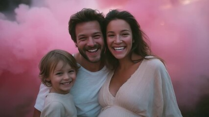 Family with two kids joins gender reveal party, laughing together as pink smoke surrounds them family gender reveal, siblings at party, baby girl celebration, kids and parents gend