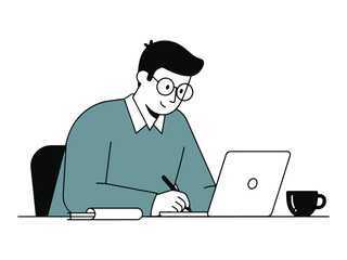 Man working on laptop, taking notes with coffee break at desk vector