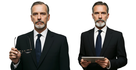 set of mature Caucasian businessman in a dark suit with a tie, holding eyeglasses in one hand and a tablet in the other, isolated on transparent cutout background, cut out, png