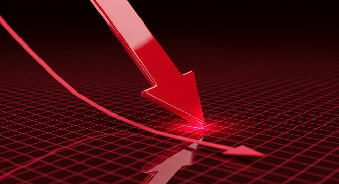Red arrow pointing down on a dark red grid, illustrating a sharp decline or fall, symbolizing loss, decrease, or negative trend in business or finance