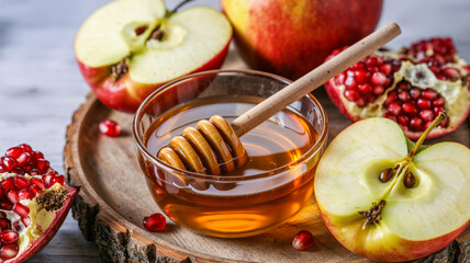 Apples, pomegranate, and honey in bowl with dipper on wooden tray, Rosh Hashanah celebration