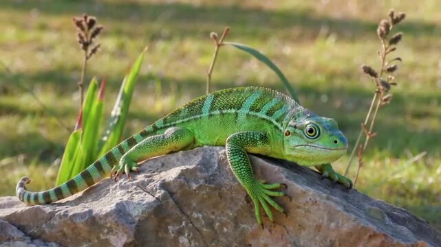 Green iguana sunbathing on a warm rock