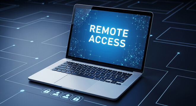 Laptop displaying "Remote Access" on a blue screen,  representing digital connectivity and remote work capabilities