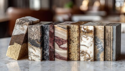 Assorted stone slabs, various colors and textures, arranged on a light surface