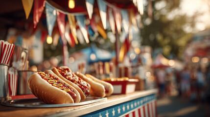 street food hot dog stand with festive decorations and crowd in background, perfect for american holiday, independence day, food festivals, and summer event promotions