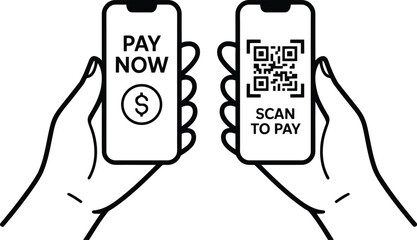 Mobile Payment and QR Code Icons: Hands Holding Smartphone for Digital Financial Transaction and Scan
