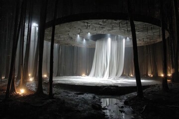 Forest stage, shrouded in white