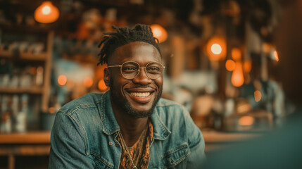 Obraz premium Man with glasses smiling in a bar wearing a denim jacket indoors on transparent background