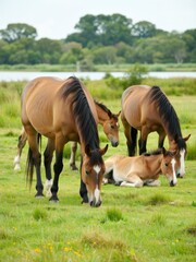 Obraz premium Grazing horses in serene meadow by a lake outdoor nature scene tranquil environment close-up view
